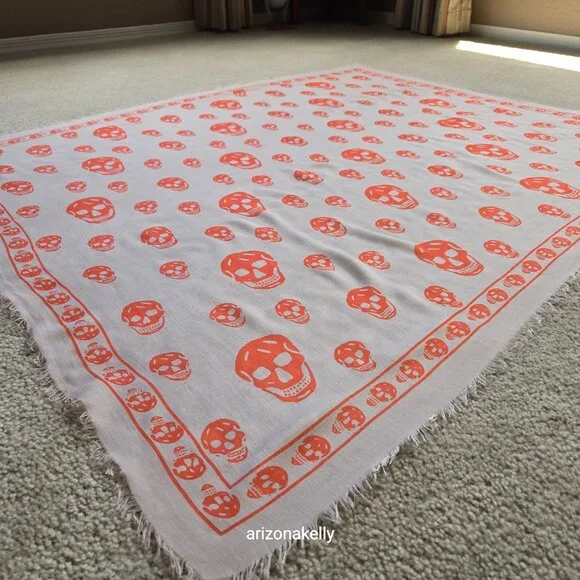 Alexander McQueen Skull Scarf Orange Peach Pink - Picture 4 of 12